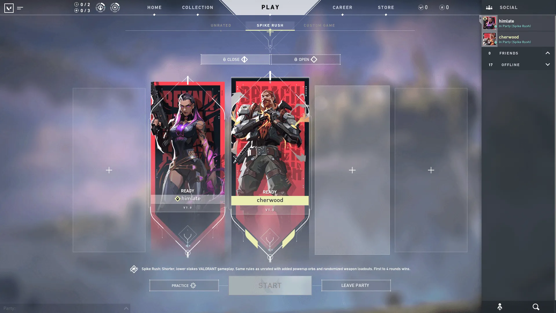 Lobby screenshot of Valorant video game interface.