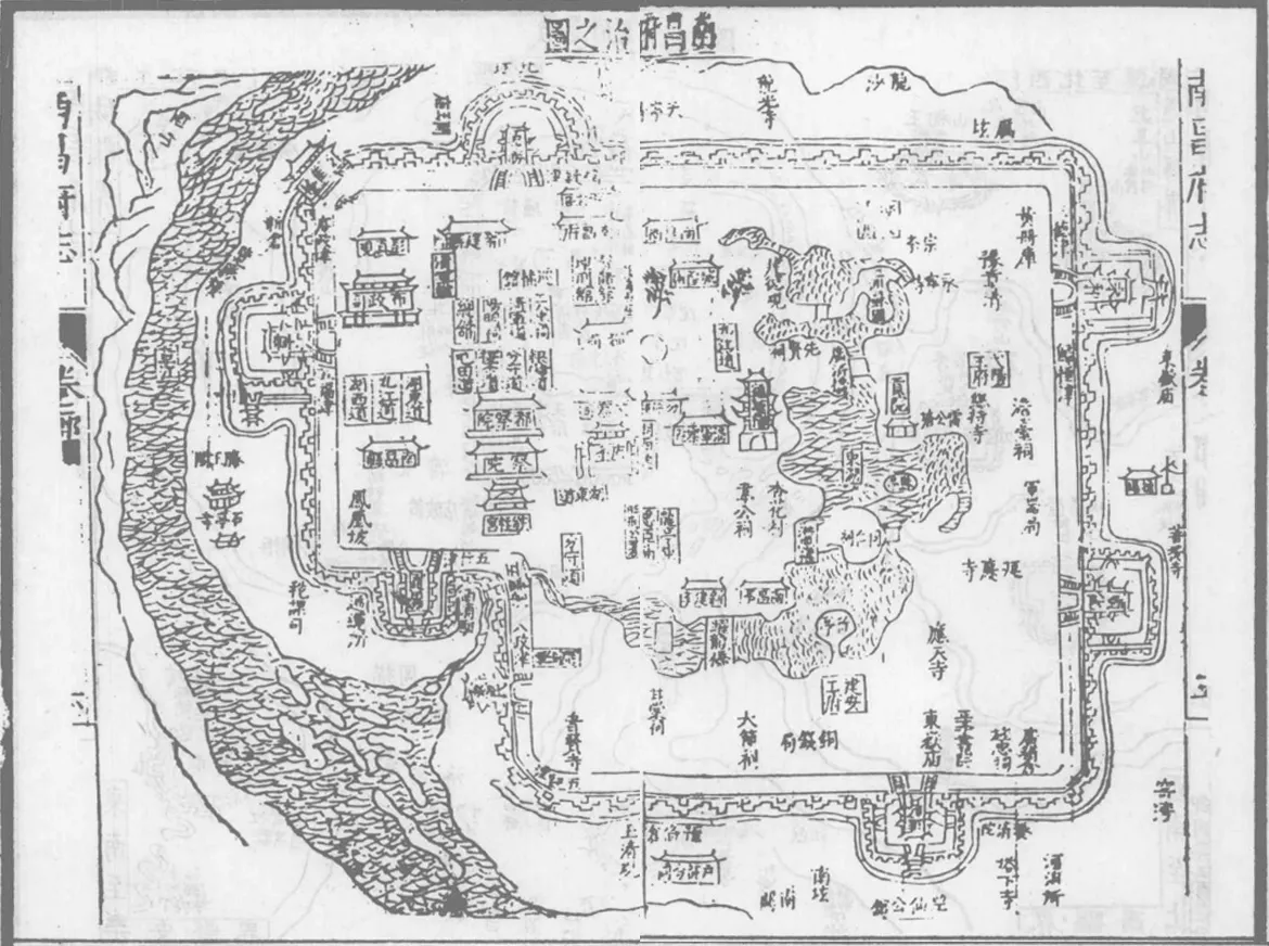 万历南昌府志中的南昌府治之图，可见新建县衙在城北德胜门内，南昌府之西，总督院部之北。