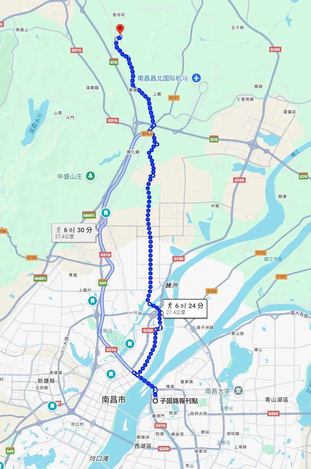 从位于子固路上的新建驿出发，至位于新兴街的新兴驿，约为27.4公里。